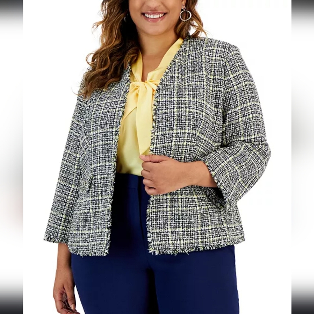 Kasper Plus Size Tweed Fringe-Trim Open-Front Blazer 22W - Picture 2 of 7